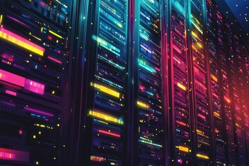 Rows of server racks with glowing lights in a data center.