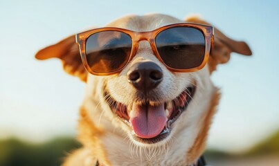 A close-up of a happy dog wearing sunglasses, giving a cool and relaxed vibe