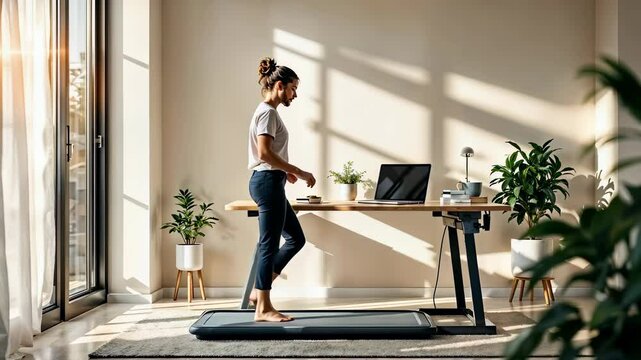 Young Woman Walking on a Treadmill Desk While Working From Home