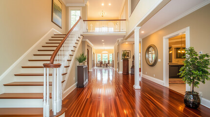 Real estate agent discussing home features with clients in a spacious living room