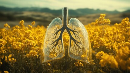 A transparent lung structure amidst vibrant yellow flowers symbolizes nature and health.