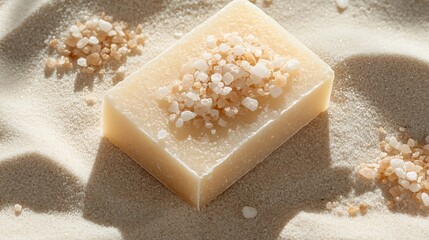 Plakat Exfoliating salt soap with coarse sea salt crystals embedded, isolated on a sandy-colored background