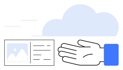 Hand holding digital document with image icon and text lines, flying towards cloud graphic. Ideal for technology, data sharing, cloud computing, digital communication, online services, networking