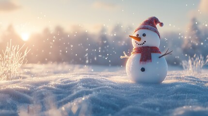 Frosty snowman with bright scarf, carrot nose and coal buttons in wintery forest. Seasonal charm and outdoor fun