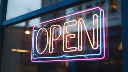Obraz premium A vibrant 'OPEN' neon sign glows warmly in the rain, inviting customers into a cozy shop on a rainy day.