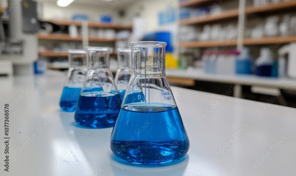 Poster a close-up view of beakers filled with blue liquid on a white table in a laboratory setting with she