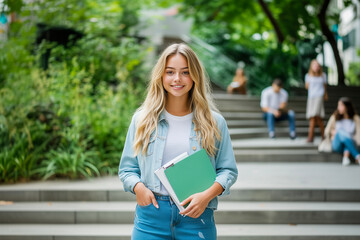 Obraz premium A young woman wearing a blue jacket and holding a green book