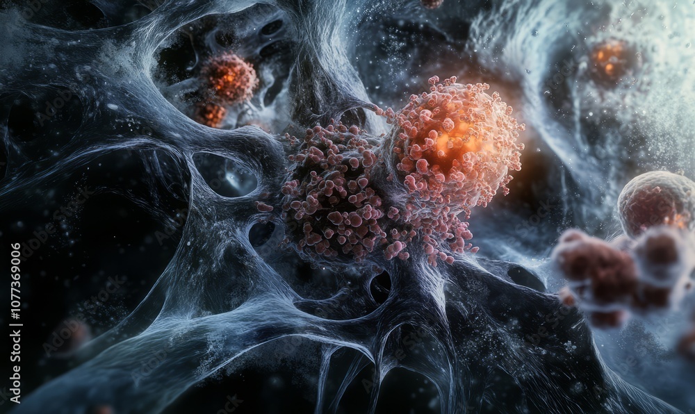 Poster a close-up view of biological cells with detailed nuclei and internal structures, highlighting the c