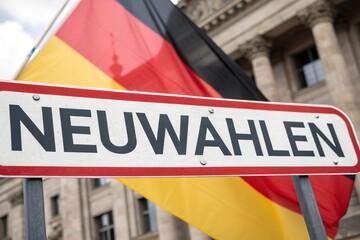 Stra&szlig;enschild mit &ldquo;Neuwahlen&rdquo; vor deutscher Flagge am Regierungsgeb&auml;ude.