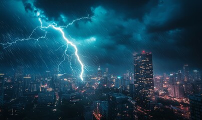 A close-up of a lightning bolt hitting a tall building in a cityscape