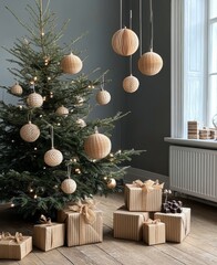 Cozy living room with a decorated Christmas tree and wrapped presents during the holiday season