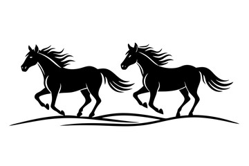 Wild Horses Galloping Across Open Plains Line Art Vector Illustration