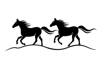 Wild Horses Galloping Across Open Plains Line Art Vector Illustration