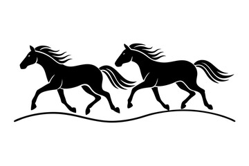 Wild Horses Galloping Across Open Plains Line Art Vector Illustration