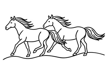 Wild Horses Galloping Across Open Plains Line Art Vector Illustration