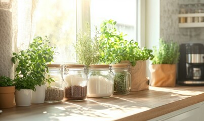 A beautifully sunlit kitchen counter showcasing jars filled with ingredients, fresh herb plants, and a tidy, white-themed decor creating a warm atmosphere