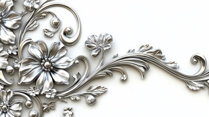 Elegant silver floral design with intricate swirls and leaves on white background