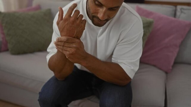 Young man indoors sitting on couch holding wrist in living room with cushions in casual attire