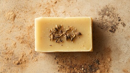 Patchouli and cedarwood soap with small pieces of cedarwood, isolated on a warm, earthy background