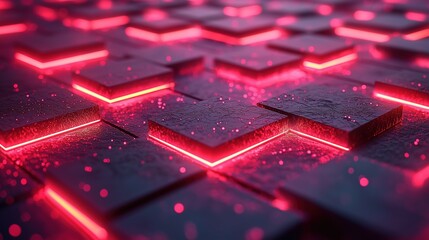 Fototapeta premium A digital surface featuring interlocking dark tiles with glowing red outlines, creating a futuristic and tech-inspired appearance.