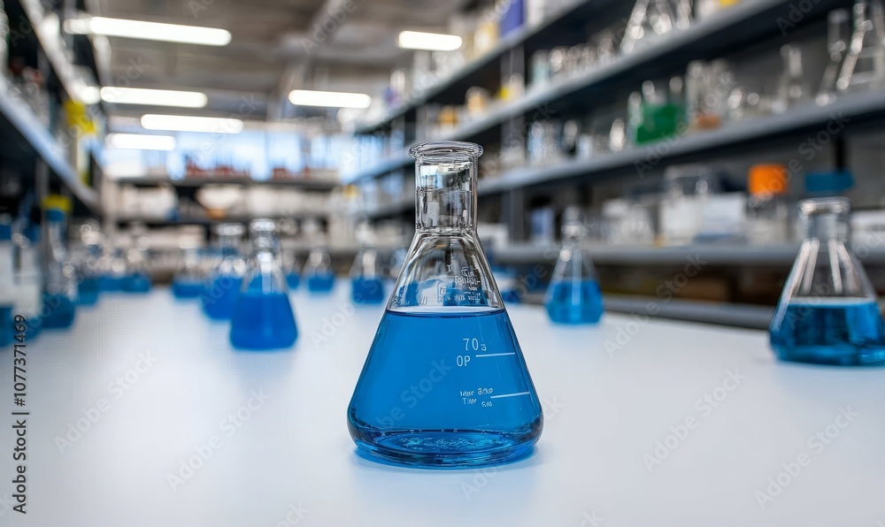 Poster a close-up view of beakers filled with blue liquid on a white table in a laboratory setting with she