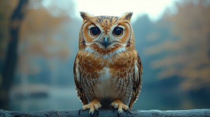 A brown owl with yellow eyes stares intensely at the camera, perched on a branch in a blurred autumn forest background.