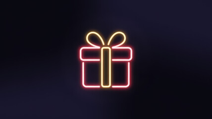 A vibrant, neon gift box with a bow, glowing in pink and yellow against a dark purple background, creating a festive and cheerful atmosphere.