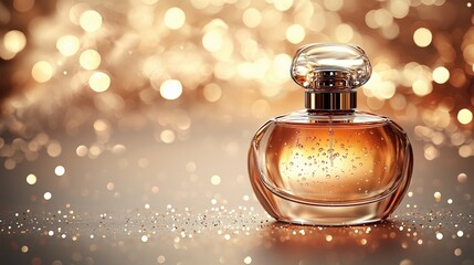 A shimmering bottle of perfume sits elegantly on a sparkling surface, radiating luxury and sophistication against a blurred golden backdrop.