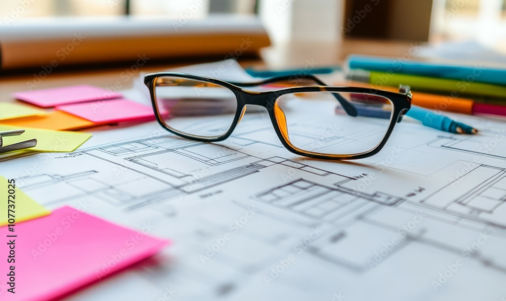 Poster a close-up view of a drafting table displaying architecture blueprints, reading glasses, and colorfu