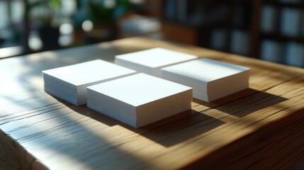 White business cards sitting on a wooden table