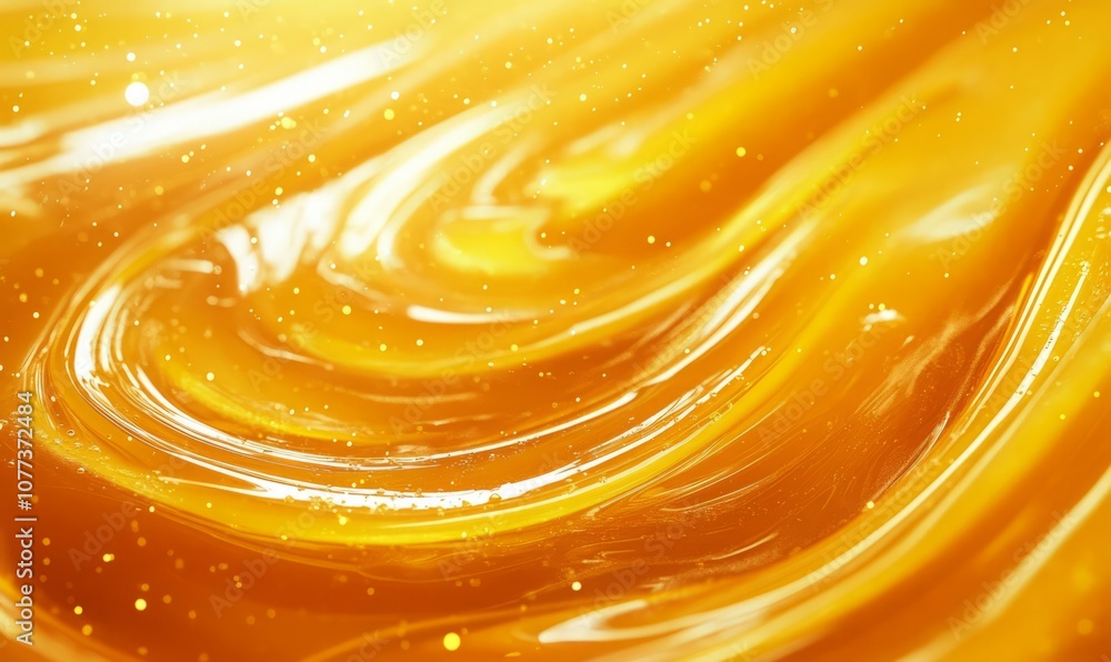Poster a close-up view of golden honey swirling, creating smooth lines and textures, against a backdrop of 