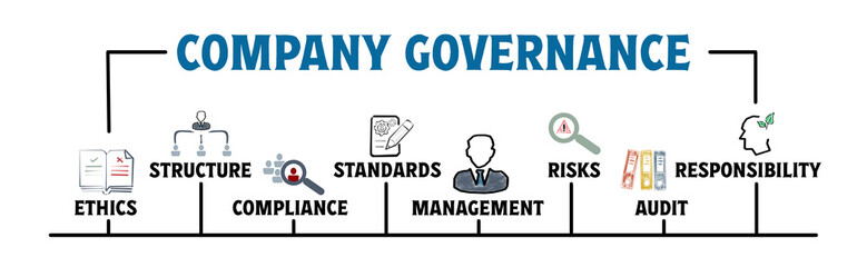 COMPANY GOVERNANCE Concept. Illustration with keywords and icons. Horizontal web banner