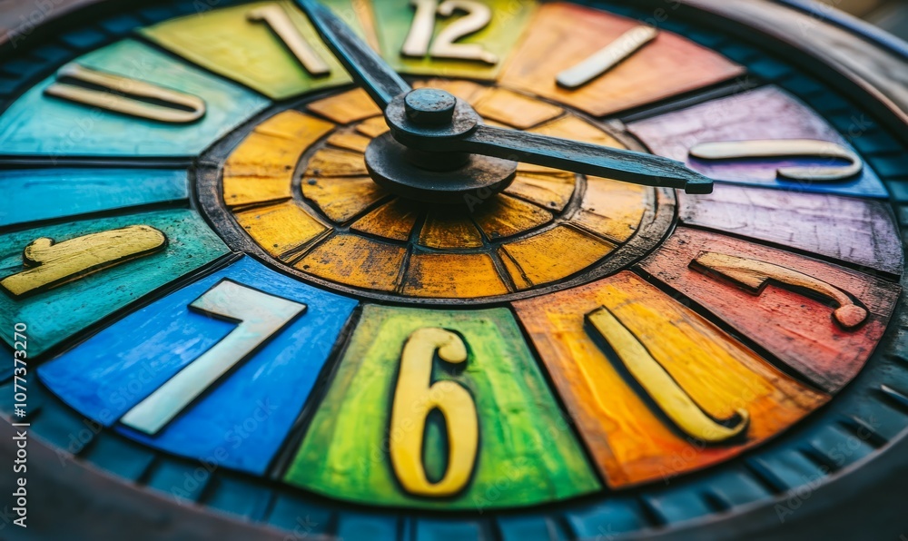 Poster a close-up of a multi-colored clock face where each number is a different vibrant color.