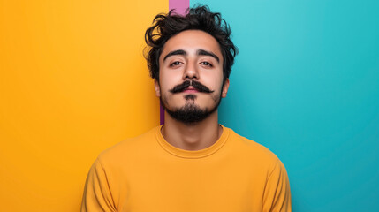 Obraz premium Portrait of a young man with a mustache wearing a yellow shirt against a colorful background with yellow, pink, and teal sections.