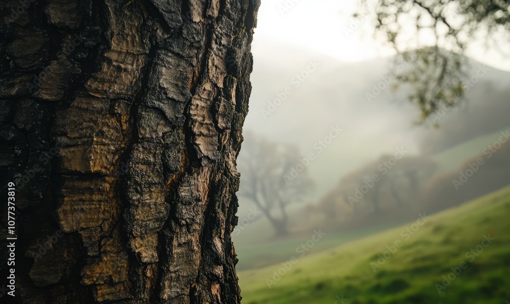 Poster a close-up of a tree's bark texture with the misty hills in soft focus in the background