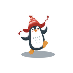 Cute cartoon penguin isolated on white. Flat illustration of penguin in clothes for kids or babies t-shirt design, room decoration, Christmas cards. Funny penguin in hat. Vector 