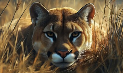 Obraz premium A close-up portrait of a puma lying in tall grass, capturing its piercing eyes and muscular build