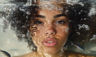 Obraz premium A close-up portrait of a young woman with curly hair submerged in water, with the curls flowing freely and fish swimming around them
