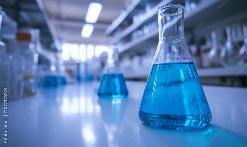 Poster a close-up view of beakers filled with blue liquid on a white table in a laboratory setting with she