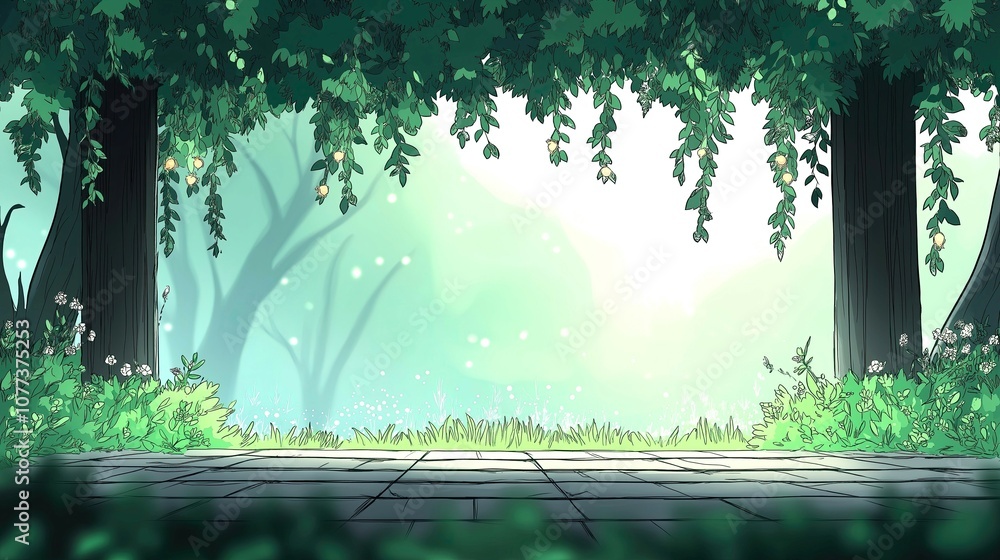 Poster serene forest scene with lush green trees and soft light reflections creating a peaceful atmosphere 