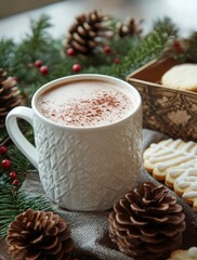 Cozy seasonal setting with a cup of warm beverage, cookie, and decorative elements