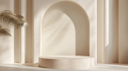 Fototapeta premium Minimalist White Round Platform with Archway and Palm Leaf