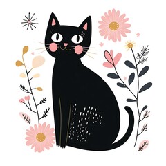 there is a black cat sitting in a flowery garden