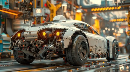 Fototapeta premium Futuristic car on an assembly line with exposed engine and visible parts in a sci-fi factory setting.