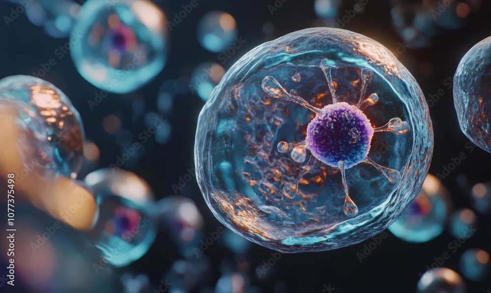 Poster a close-up view of biological cells with detailed nuclei and internal structures, highlighting the c