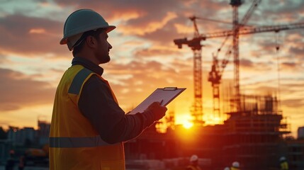 Construction Worker Reviewing Plans at Sunset