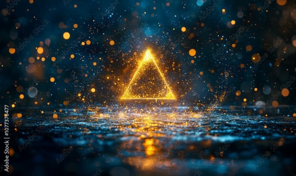 Poster a glowing mystical symbol hovers above shimmering surface, surrounded by sparkling particles that cr