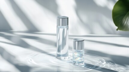 Two glass bottles of cosmetics product on a white surface with water