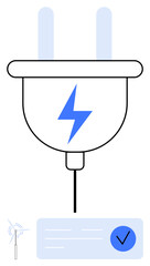 Electrical plug with lightning bolt icon, blue checkmark, wind turbine. Ideal for renewable energy, sustainability, certification, eco-friendly power, clean technology, green solutions approvals