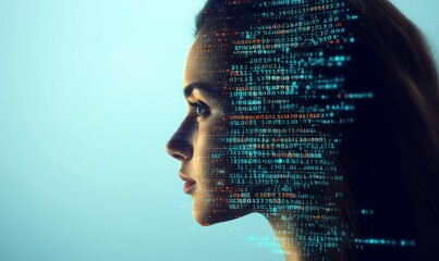 woman's profile with a stream of binary code flowing through her, blending into the background